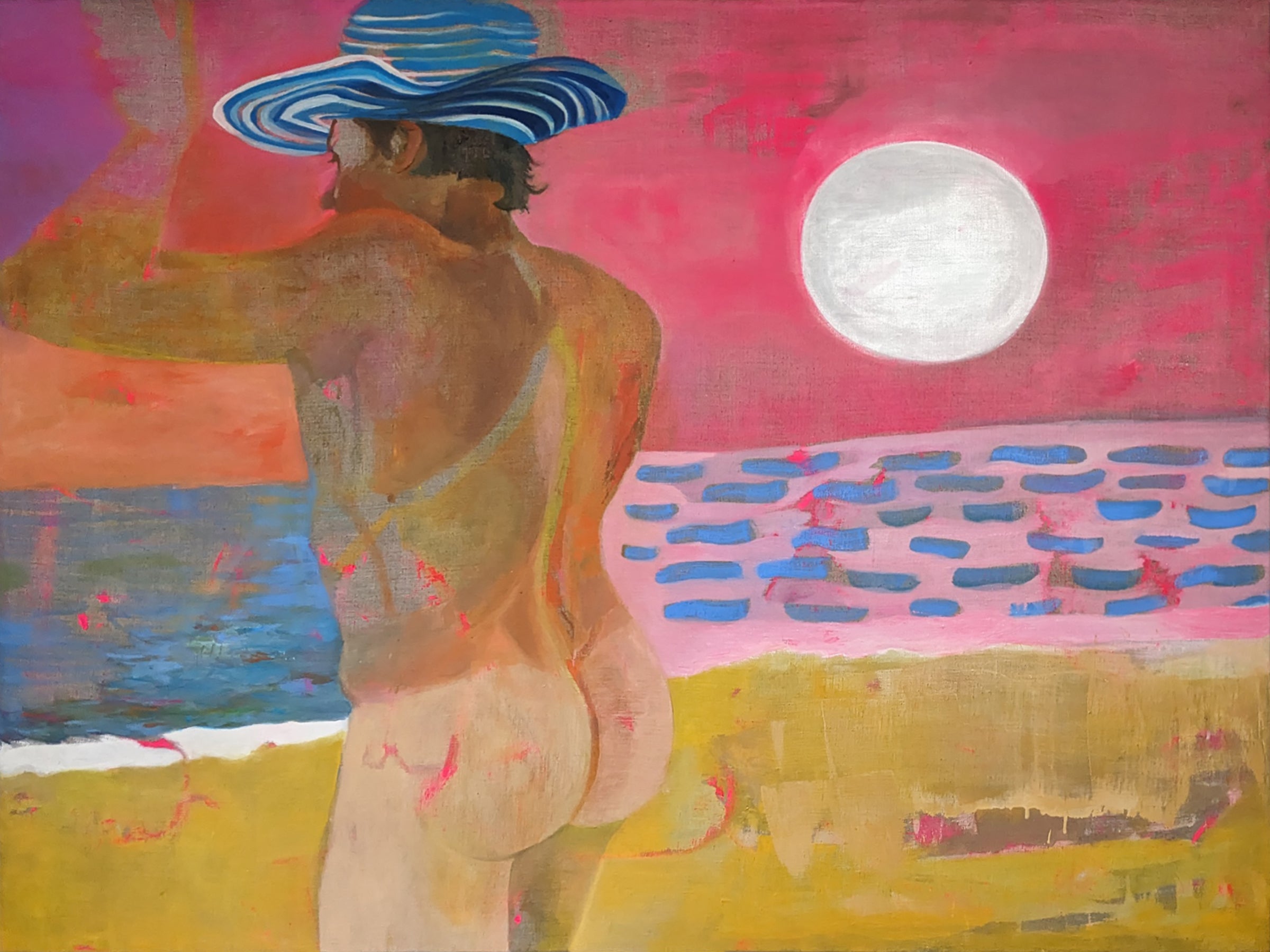 Boogie Buns by Susu Pianchupattana, a colorful contemporary oil painting of a nude figure in a striped sunhat standing beside the ocean under a pink sky.