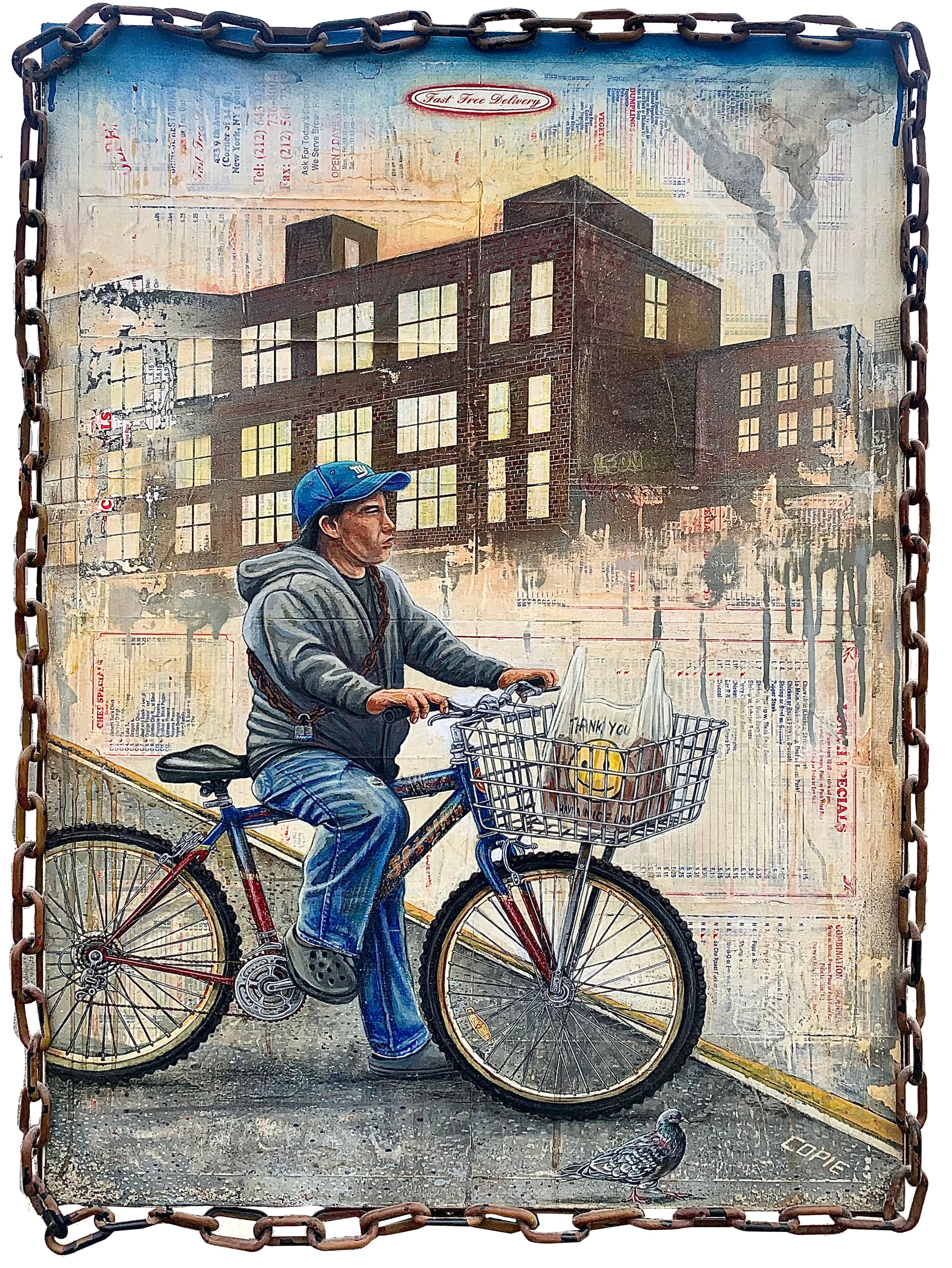 Mixed-media artwork by Copie Rodriguez showing a bicycle delivery worker in a city, painted on Chinese takeout menus and framed with chain.