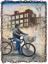 Mixed-media artwork by Copie Rodriguez showing a bicycle delivery worker in a city, painted on Chinese takeout menus and framed with chain.
