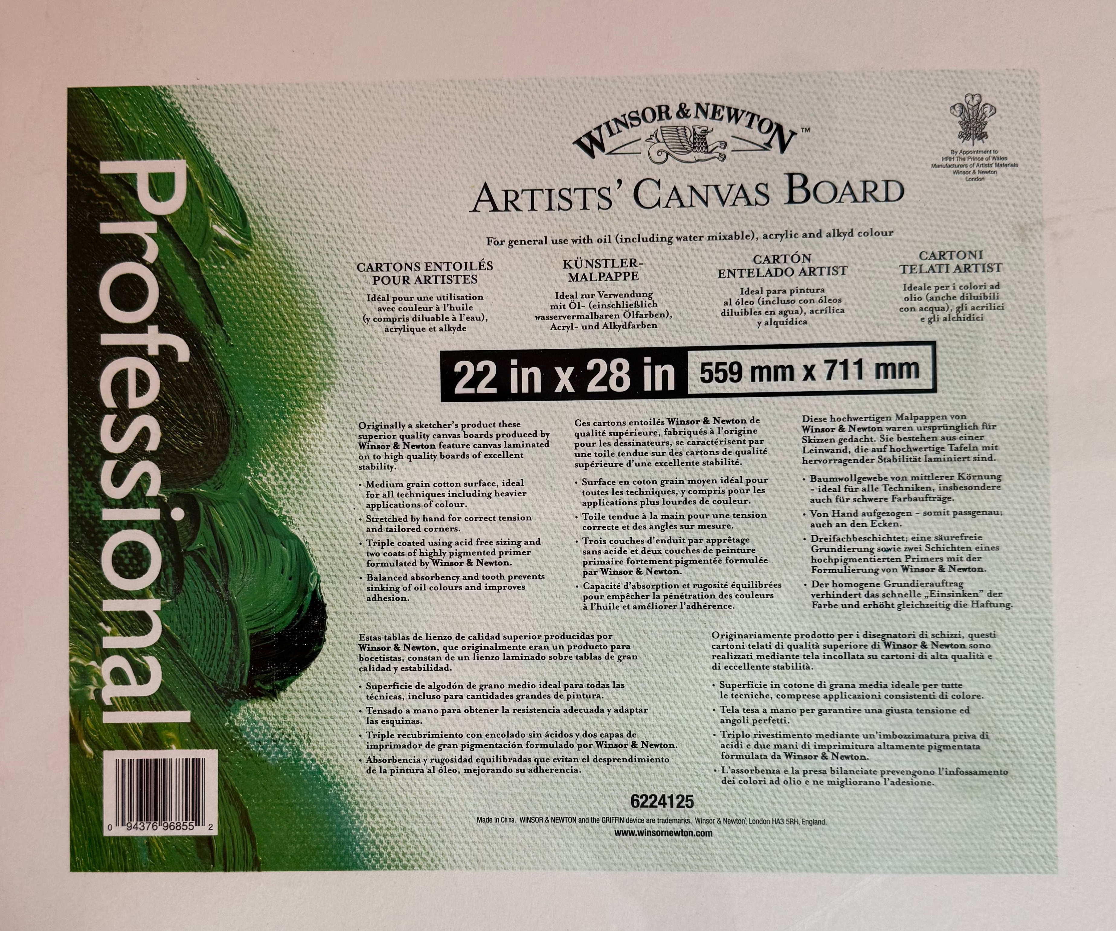 Winsor & Newton Professional Artists’ Canvas Board – 22" × 28"